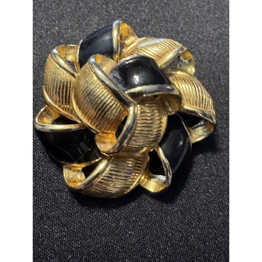 Ann Klien Vintage RIbbon Brooch Gold Tone & Black Enamel Signed AK